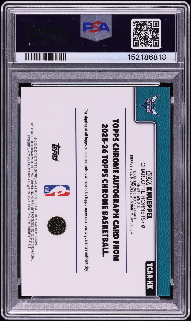 2025 Topps Chrome Sapphire Edition Orange Kon Knueppel ROOKIE AUTO JSY # 7/25 #TCAR-KK PSA 8