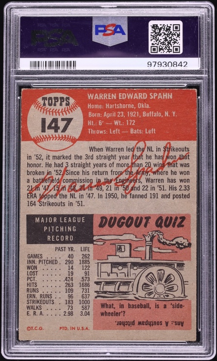 1953 Topps Warren Spahn SHORT PRINT #147 PSA 4.5 VGEX+