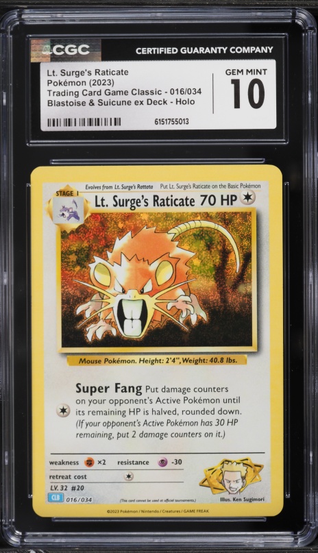 2023 Pokemon TCG Classic Collection Holo Lt. Surge's Raticate #16 CGC 10 GEM