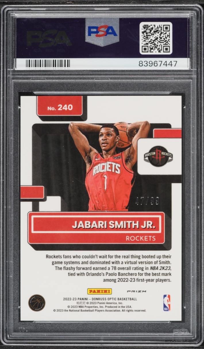 2022 Donruss Optic Fast Break Purple Jabari Smith Jr. ROOKIE /99 #240 PSA 10 GEM MINT