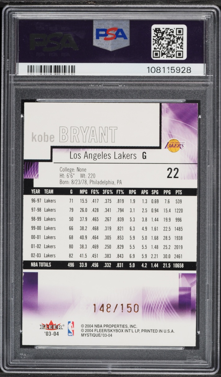 2003 Fleer Mystique Gold Kobe Bryant /150 #22 PSA 6 EXMT