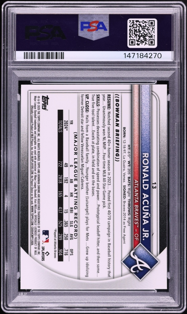 2025 Bowman Chrome Sapphire Edition Ronald Acuna Jr. #13 PSA 10 GEM MINT