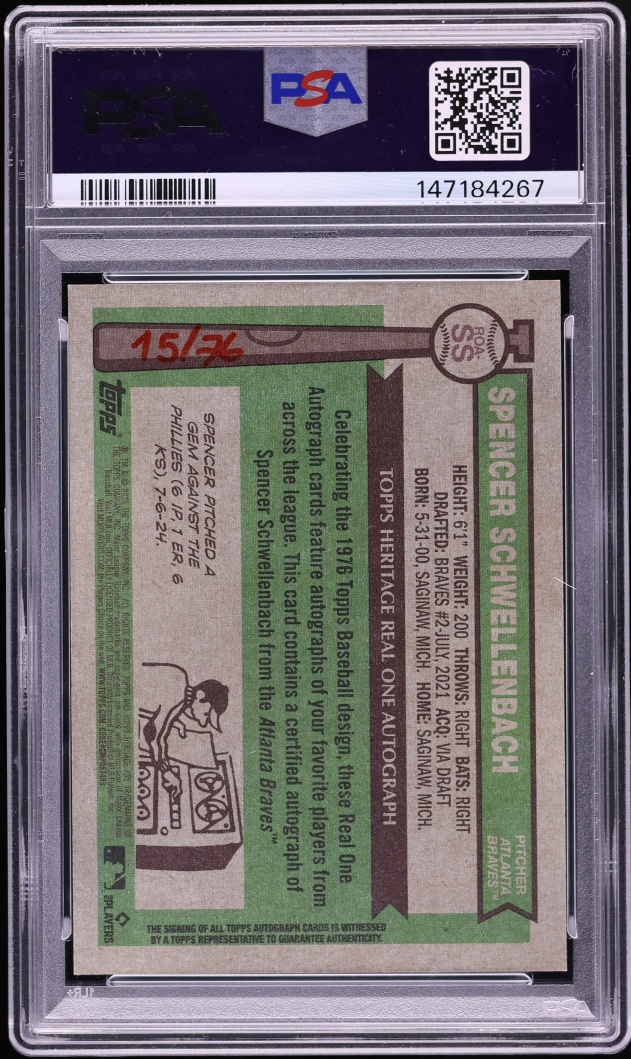 2025 Topps Heritage Real One Red Ink Spencer Schwellenbach ROOKIE AUTO /76 #ROA-SS PSA 10 GEM