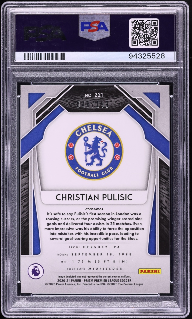 2020 Panini Prizm Premier League Blue Christian Pulisic /199 #221 PSA 9 MINT
