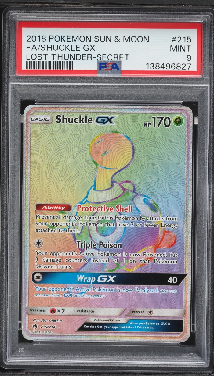 2018 Pokemon Sun & Moon Lost Thunder Rainbow Rare Shuckle GX #215 PSA 9 MINT
