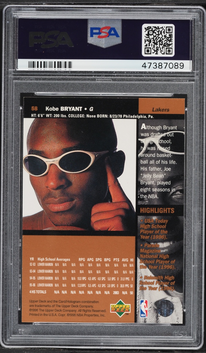 1996 Upper Deck Basketball Kobe Bryant ROOKIE #58 PSA 9 MINT