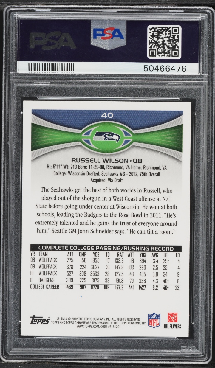 2012 Topps Chrome Stands Russell Wilson ROOKIE AUTO DNA 9 #40 PSA 8 NM-MT