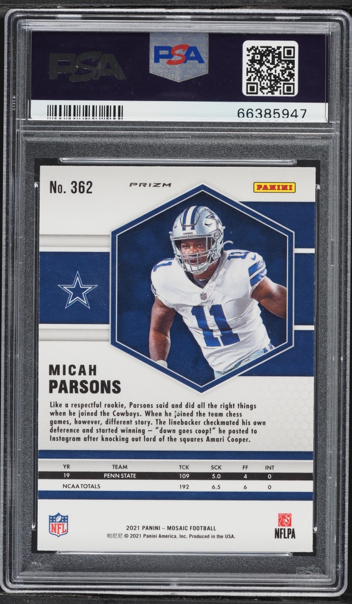 2021 Panini Mosaic Reactive Blue Micah Parsons ROOKIE #362 PSA 10 GEM MINT