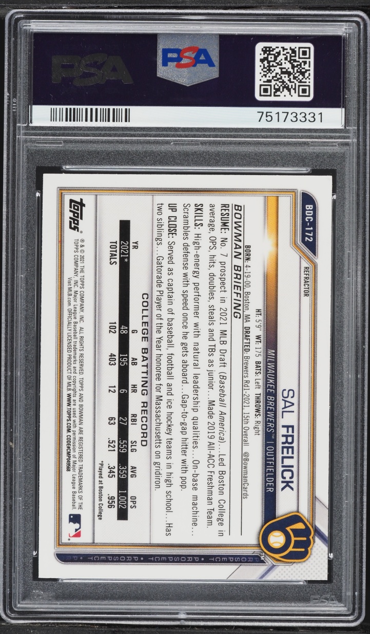 2021 Bowman Draft Chrome Refractor Sal Frelick PROSPECT #BDC172 PSA 9 MINT