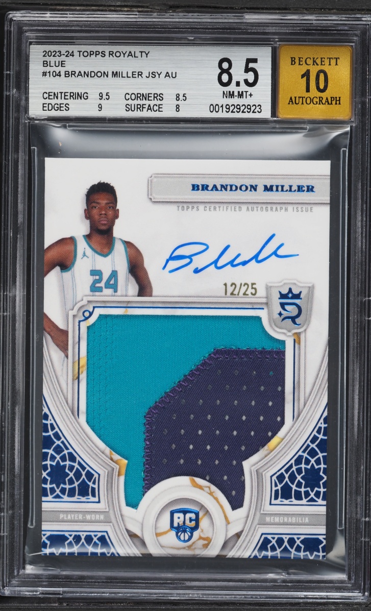 2023 Topps Royalty Blue Brandon Miller ROOKIE PATCH AUTO /25 #104 BGS 8.5 NM-MT+