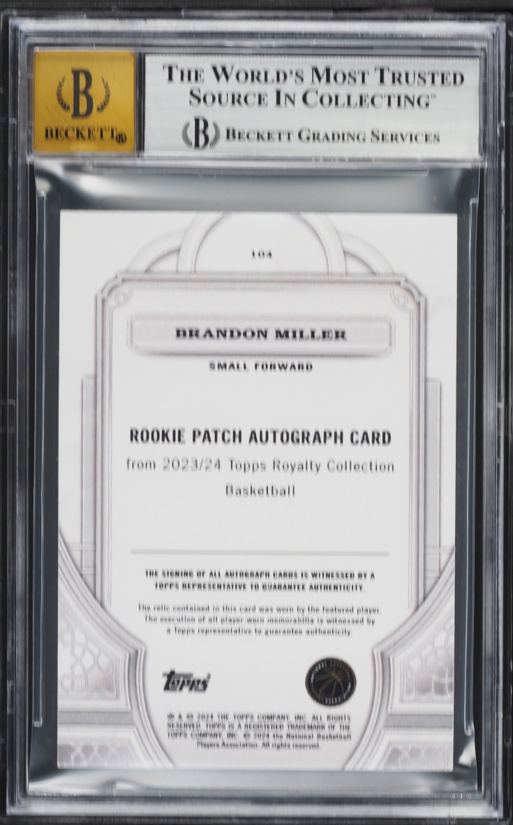 2023 Topps Royalty Blue Brandon Miller ROOKIE PATCH AUTO /25 #104 BGS 8.5 NM-MT+