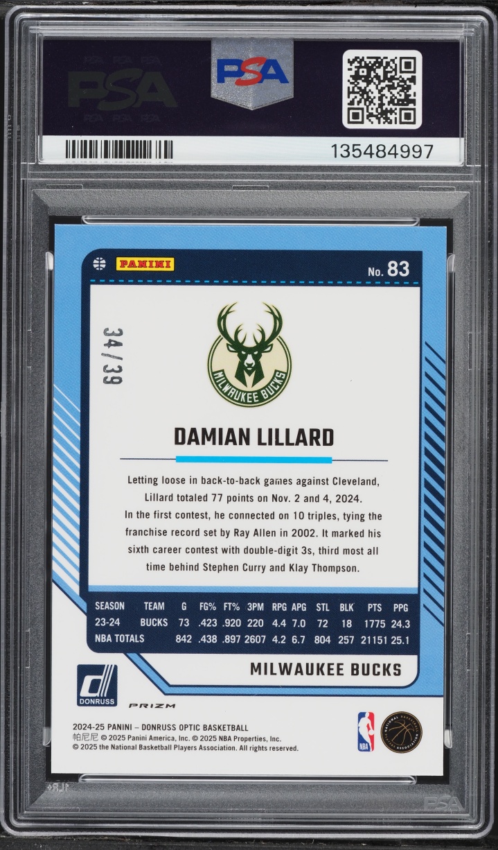 2024 Donruss Optic Black Velocity Damian Lillard /39 #83 PSA 10 GEM MINT