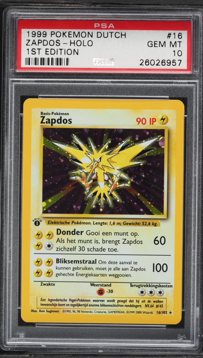 1999 Pokemon Dutch Base Set 1st Edition Holo Zapdos #16 PSA 10 GEM MINT