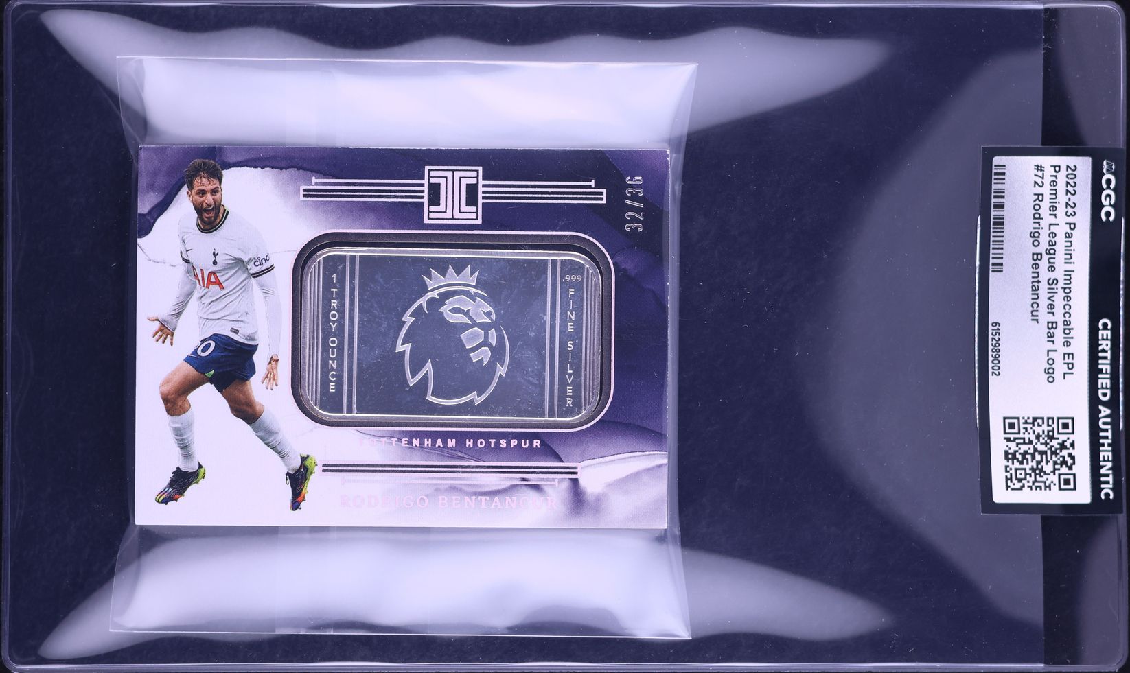 2022 Panini Impeccable Premier League Silver Bar Rodrigo Bentancur RELIC /36 #72 CGC AUTH