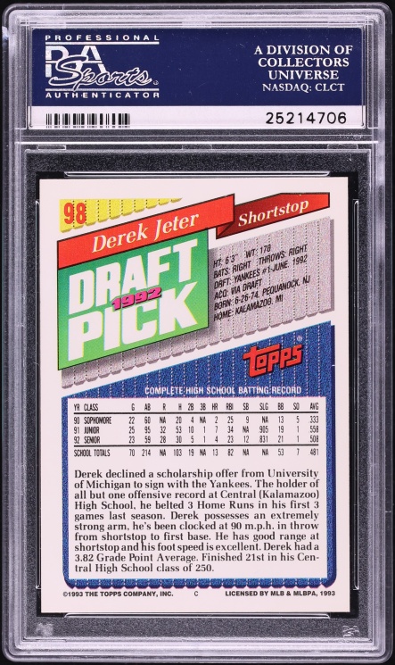 1993 Topps Derek Jeter ROOKIE #98 PSA 10 GEM MINT