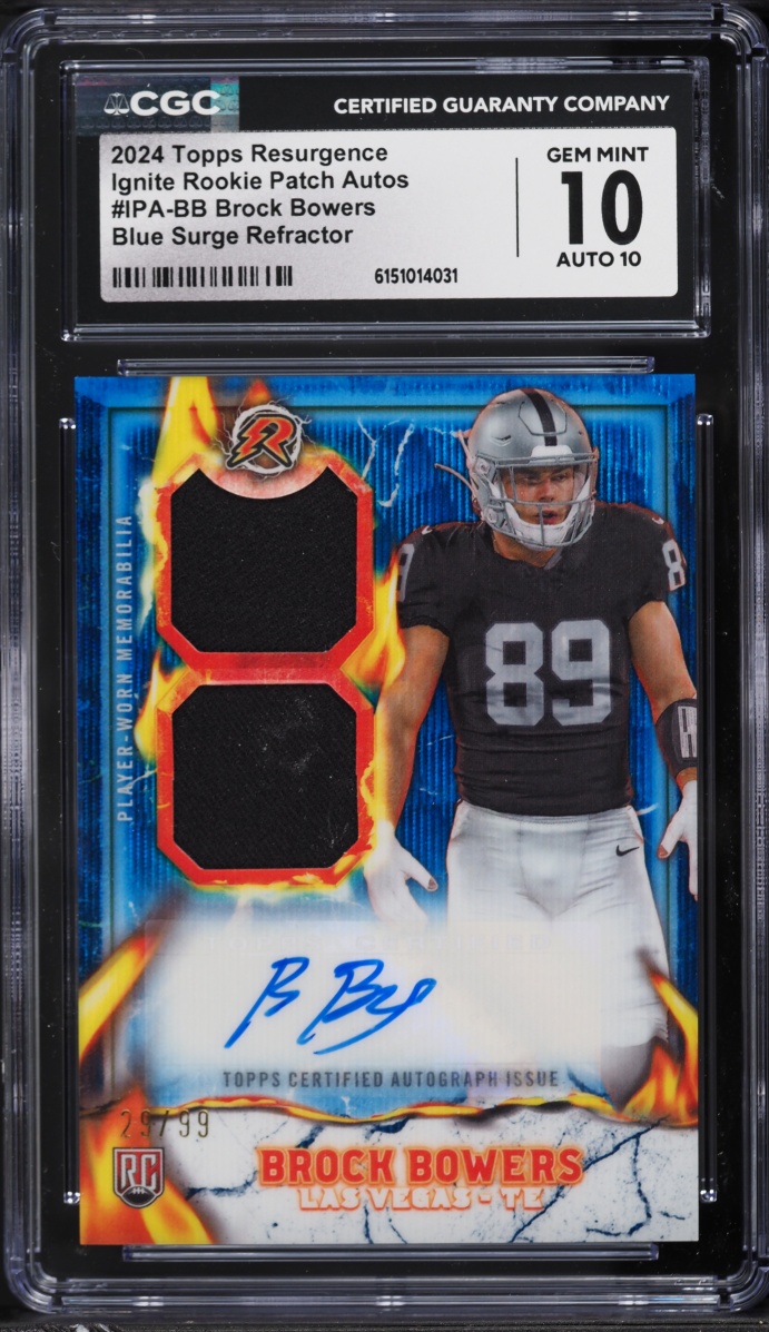 2024 Topps Resurgence Ignite Blue Surge Refractor Brock Bowers ROOKIE PATCH AUTO /99 CGC 10 GEM