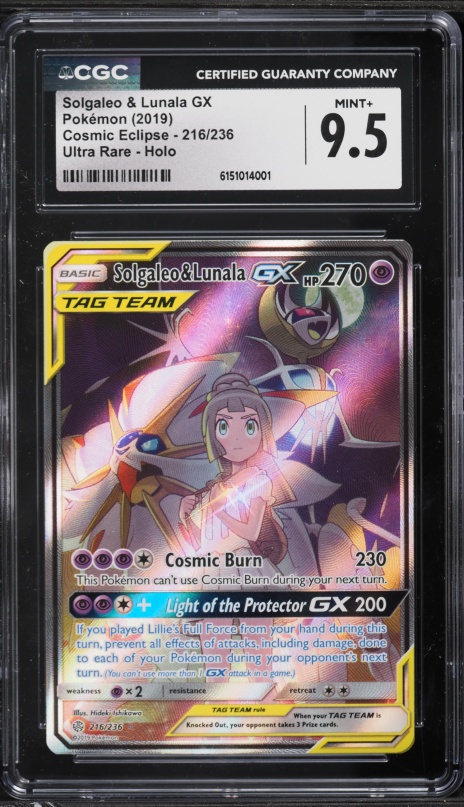 2019 Pokemon Sun & Moon Cosmic Eclipse Alt Art Solgaleo & Lunala GX #216 CGC 9.5 MINT+