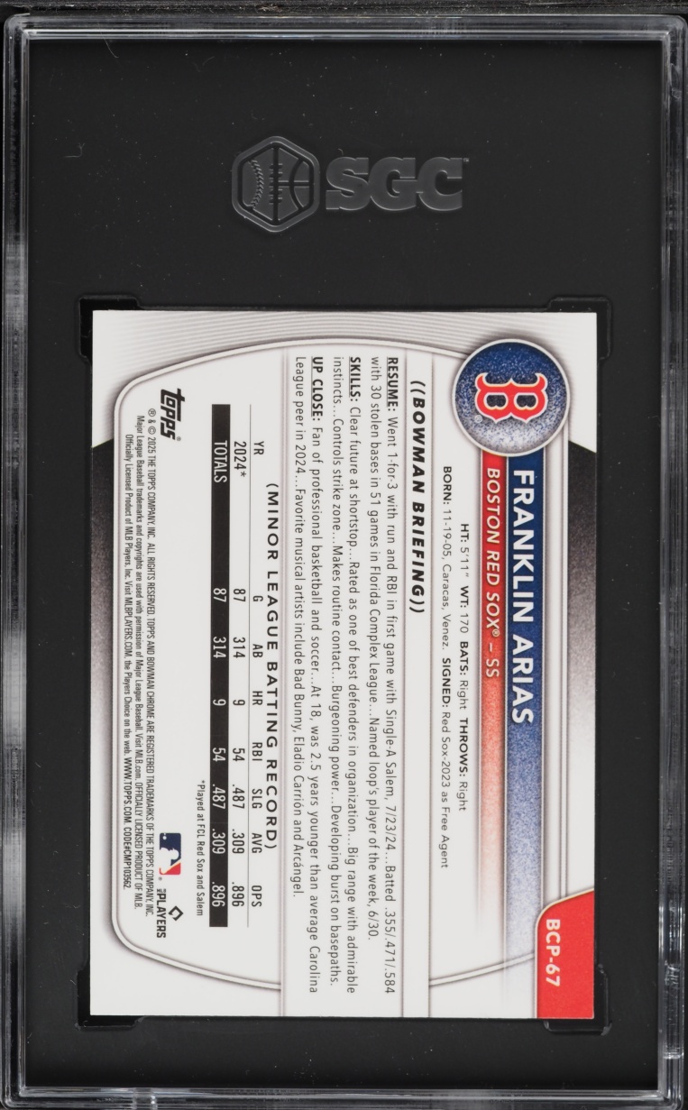 2025 Bowman Chrome Mega Box Aqua Refractor Franklin Arias PROSPECT /125 #BCP-67 SGC 10 GEM MINT