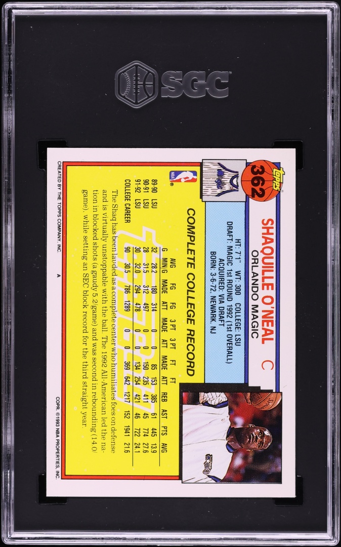 1992 Topps Gold Shaquille O'Neal ROOKIE #362 SGC 9.5 MINT+