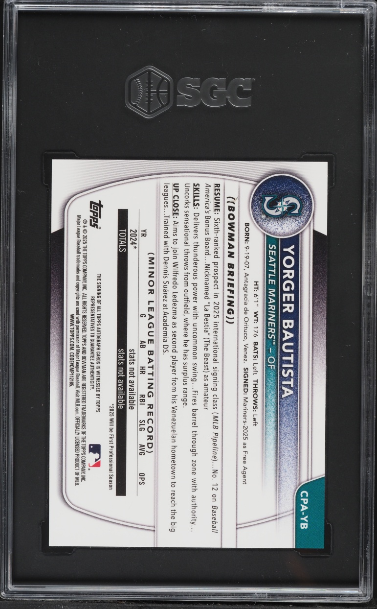 2025 Bowman Chrome Yorger Bautista PROSPECT AUTO #CPA-YB SGC 9 MINT