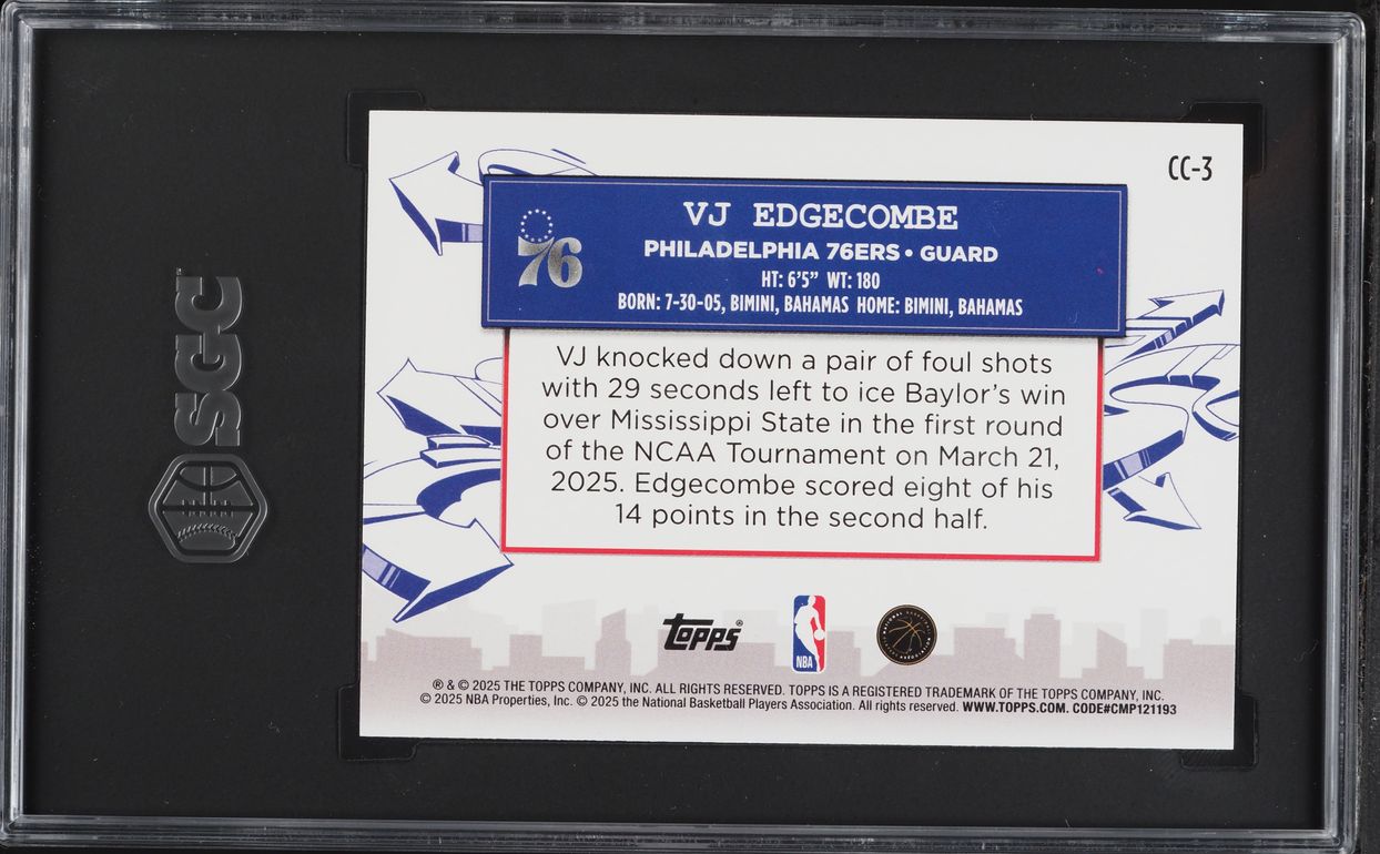 2025 Topps Clutch City Prospects VJ Edgecombe ROOKIE #CC-3 SGC 10 GEM MINT