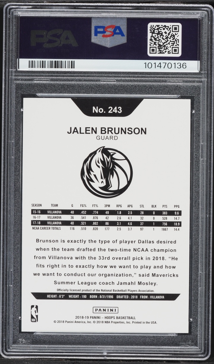 2018 Hoops Green Jalen Brunson ROOKIE /99 #243 PSA 9 MINT