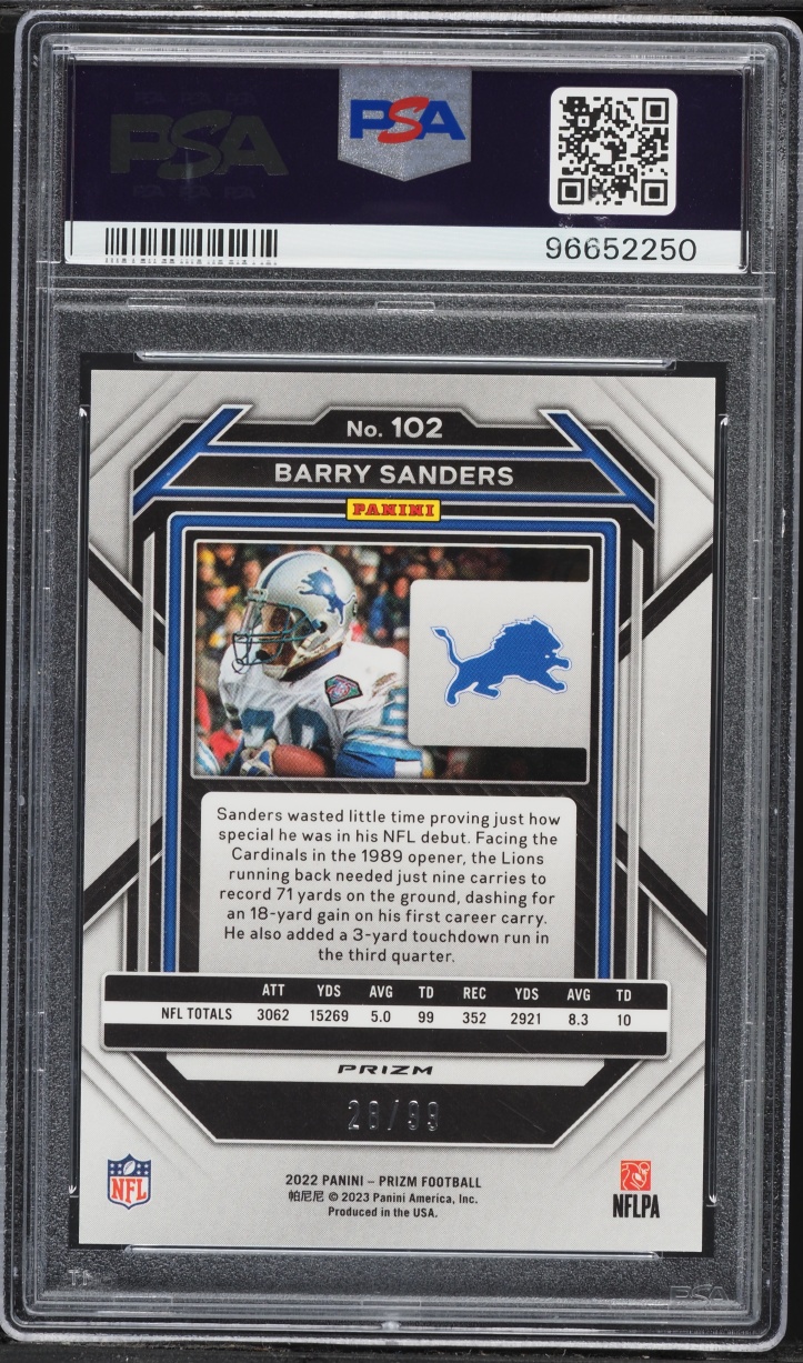 2022 Panini Prizm Blue Ice Barry Sanders /99 #102 PSA 9 MINT