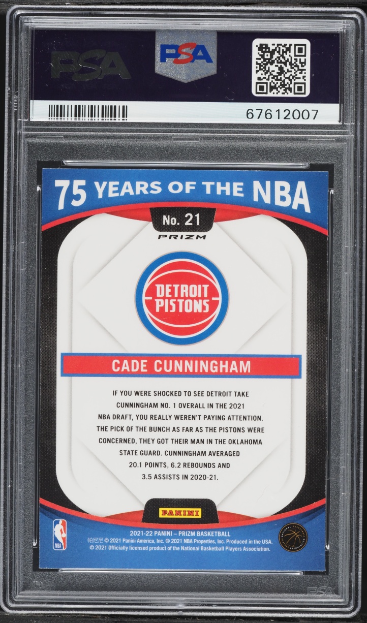 2021 Donruss Optic 75 Years Of The NBA Cade Cunningham ROOKIE #21 PSA 10 GEM MINT
