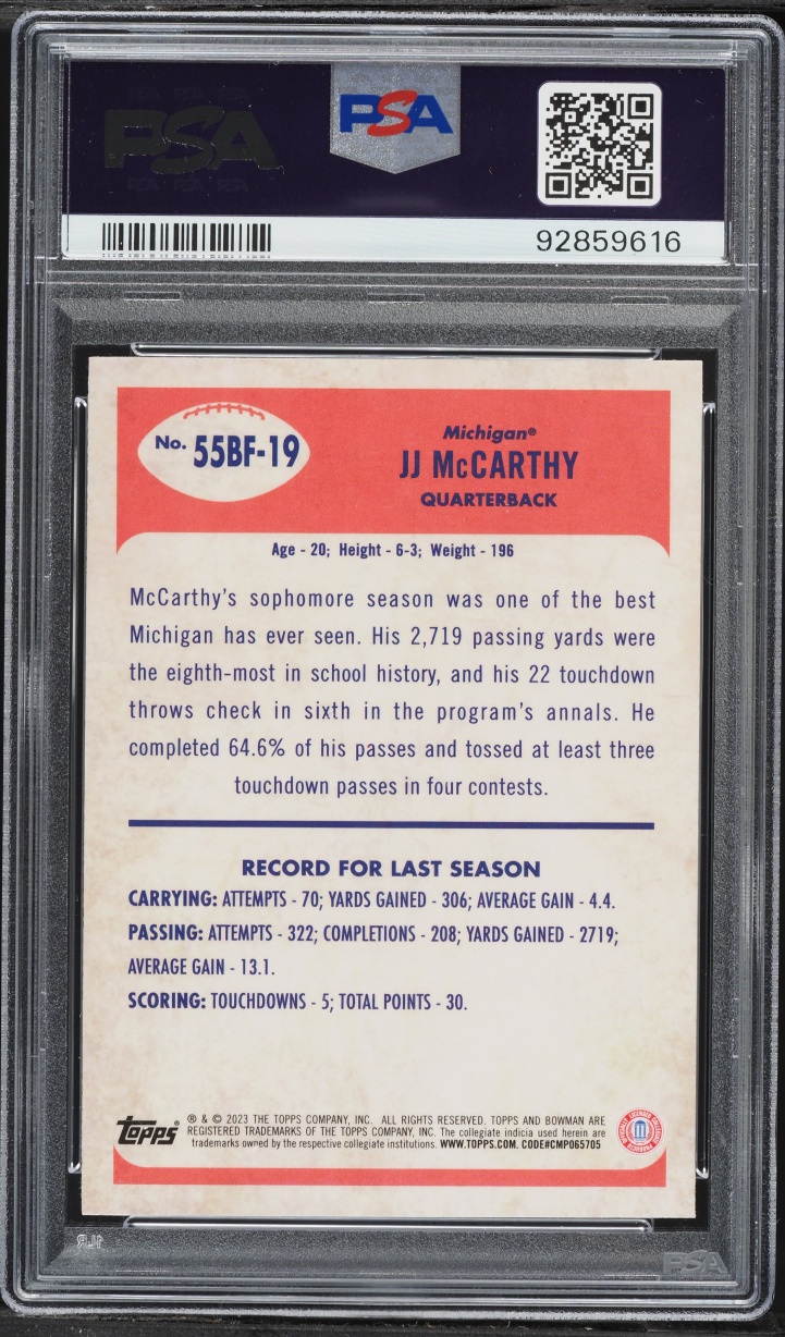 2023 Bowman Chrome University '55 J.J. McCarthy ROOKIE #55BF19 PSA 10 GEM MINT