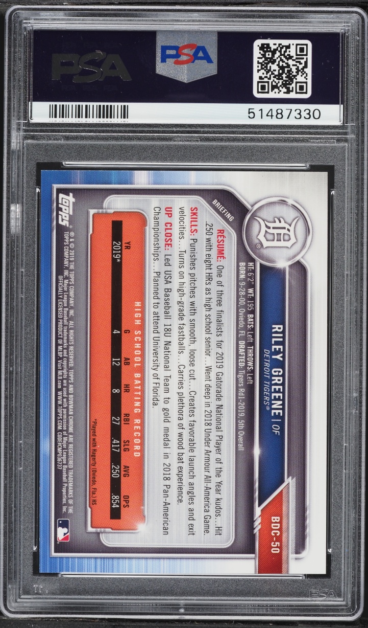 2019 Bowman Chrome Sparkles Refractor Riley Greene PROSPECT #BDC-50 PSA 10 GEM MINT