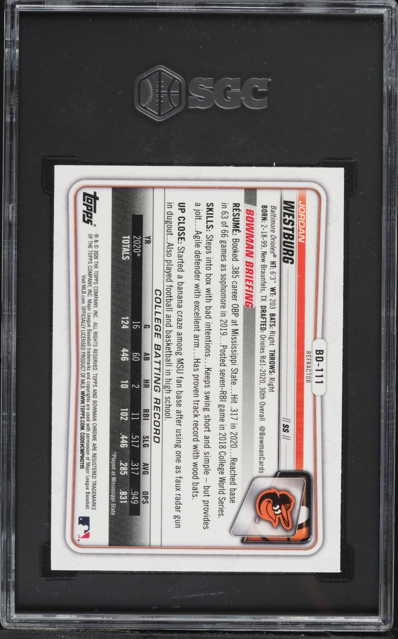 2020 Bowman Chrome Draft Refractor Jordan Westburg PROSPECT #BD-111 SGC 10 GEM MINT