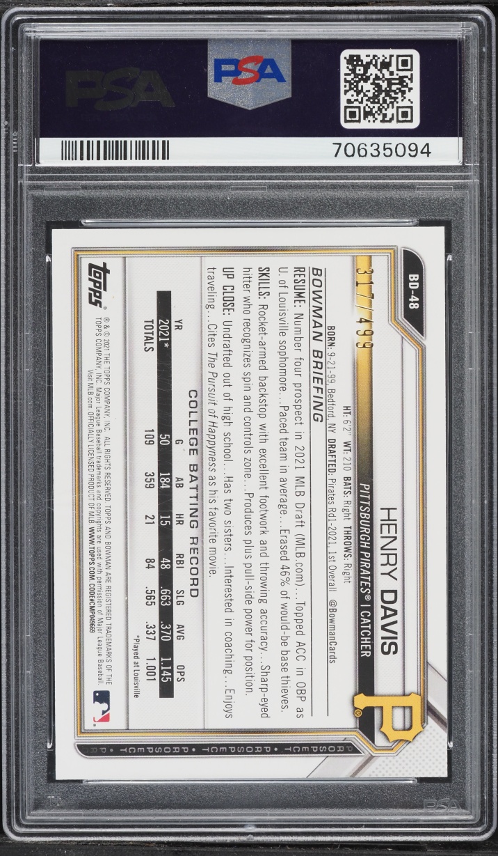 2021 Bowman Draft Sky Blue Henry Davis PROSPECT /499 #BD-48 PSA 9 MINT