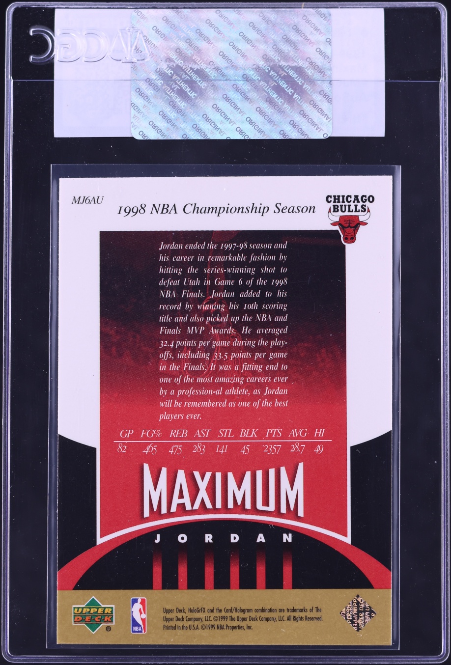 1999 Upper Deck HoloGrFX Maximum AuSome Michael Jordan #MJ6AU CGC AUTH