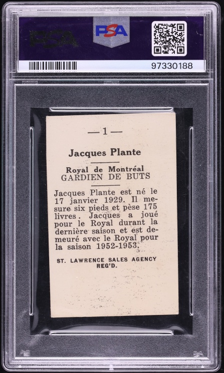 1952 St. Lawrence Sales Hockey Jacques Plante #1 PSA 3(mk) VG