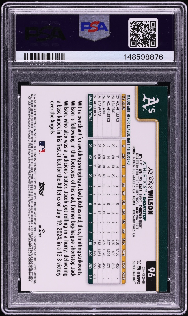 2025 Topps Chrome Superfractor Jacob Wilson ROOKIE 1/1 #96 PSA 8 NM-MT