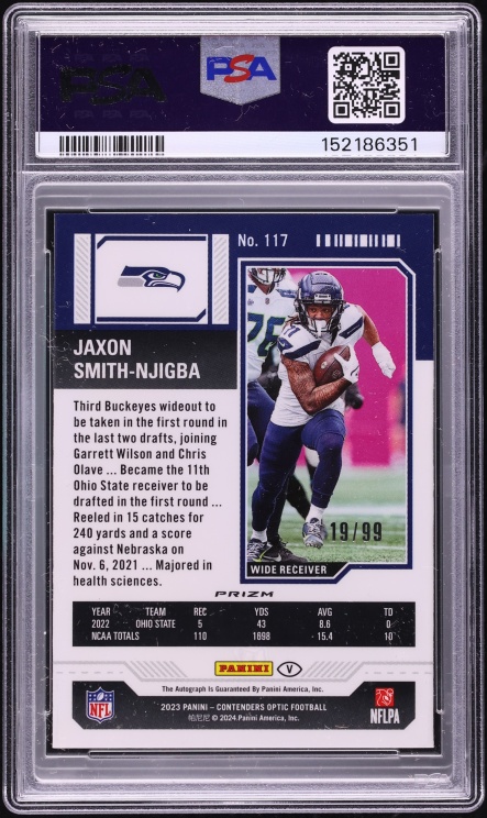 2023 Panini Contenders Optic Variation Red Jaxon Smith-Njigba ROOKIE AUTO /99 #117 PSA 10 GEM