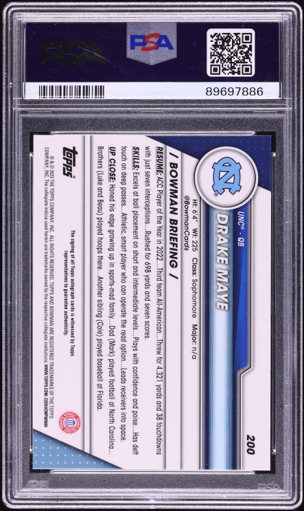 2023 Bowman University Chrome Drake Maye ROOKIE AUTO #200 PSA 10 GEM MINT