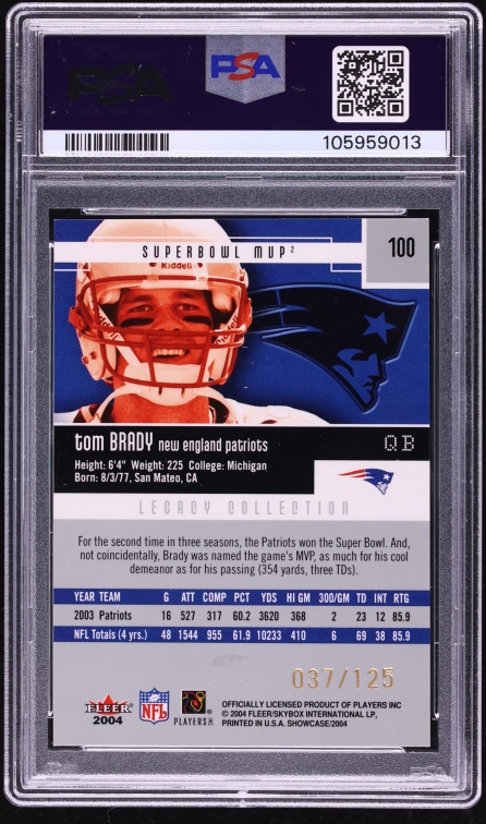 2004 Fleer Showcase Legacy Collection Tom Brady /125 #100 PSA 6 EXMT