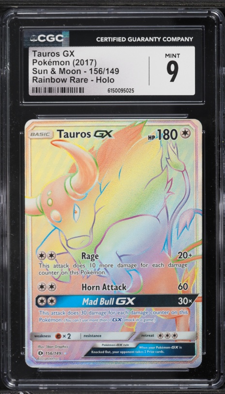 2017 Pokemon Sun & Moon Rainbow Rare Tauros GX #156 CGC 9 MINT