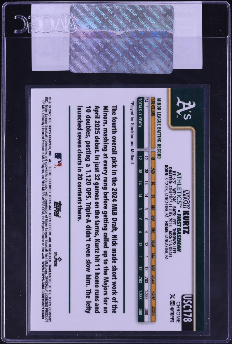 2025 Topps Chrome Update Blue Lava Refractor Nick Kurtz ROOKIE /150 #USC178 CGC AUTH
