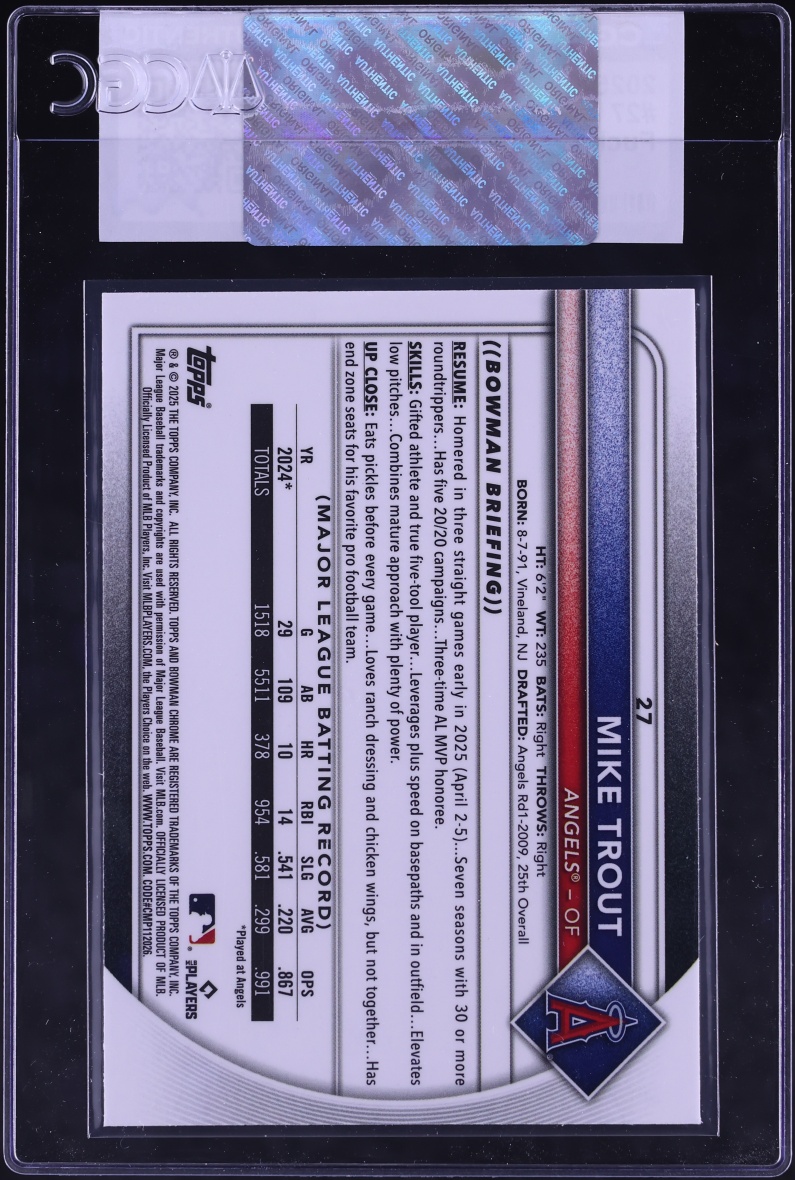 2025 Bowman Chrome Fuchsia Refractor Mike Trout /299 #27 CGC AUTH