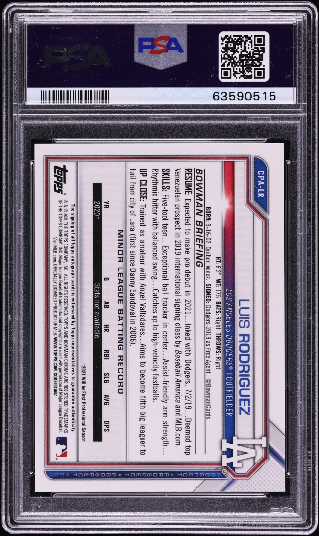 2021 Bowman Chrome Atomic Refractor Luis Rodriguez PROSPECT AUTO /100 #CPA-LR PSA 10 GEM MINT