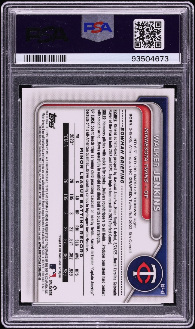 2024 Bowman Chrome Walker Jenkins PROSPECT #BCP-43 PSA 10 GEM MINT