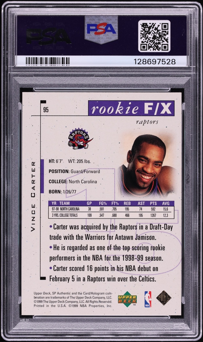 1998 SP Authentic Vince Carter ROOKIE /3500 #95 PSA 10 GEM MINT