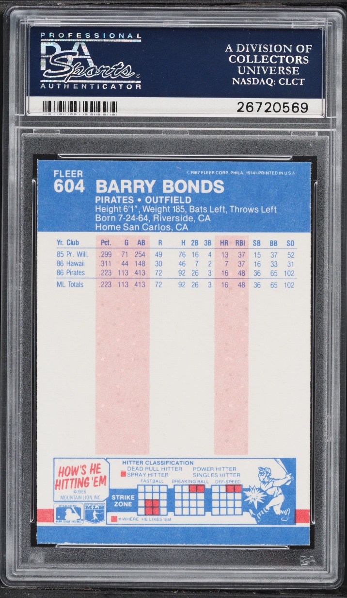 1987 Fleer Barry Bonds ROOKIE #604 PSA 10 GEM MINT