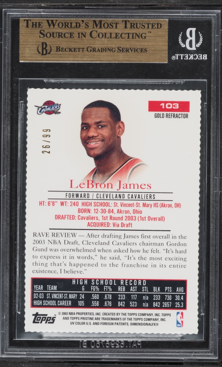 2003 Topps Pristine Gold Refractor LeBron James ROOKIE /99 #103 BGS 9.5 GEM MINT