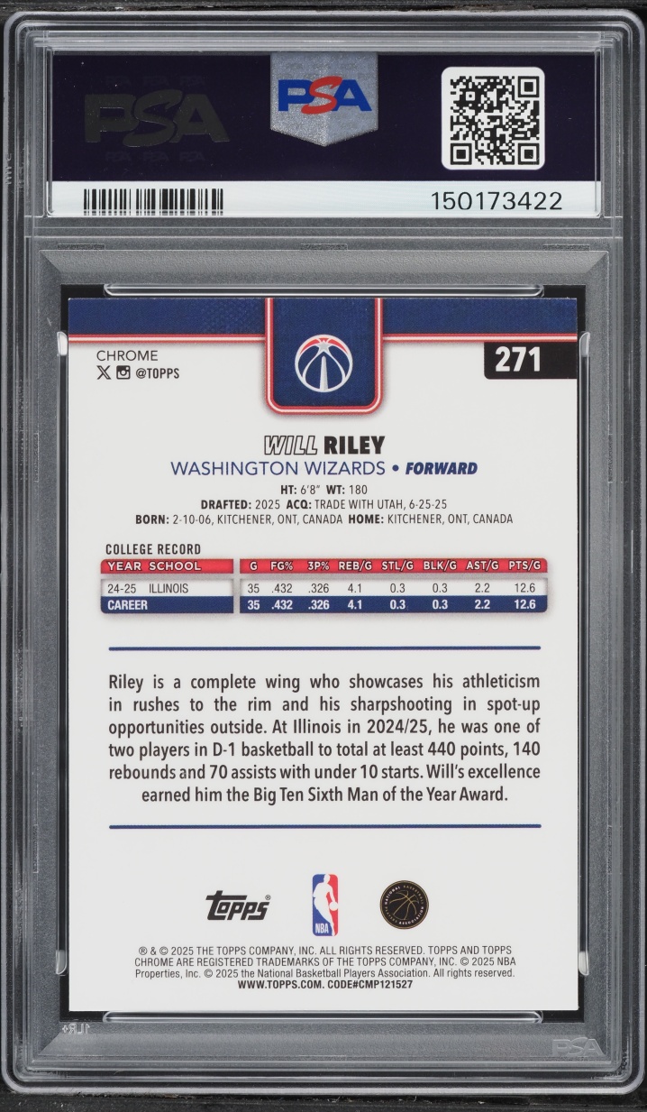 2025 Topps Chrome Will Riley ROOKIE #271 PSA 8 NM-MT