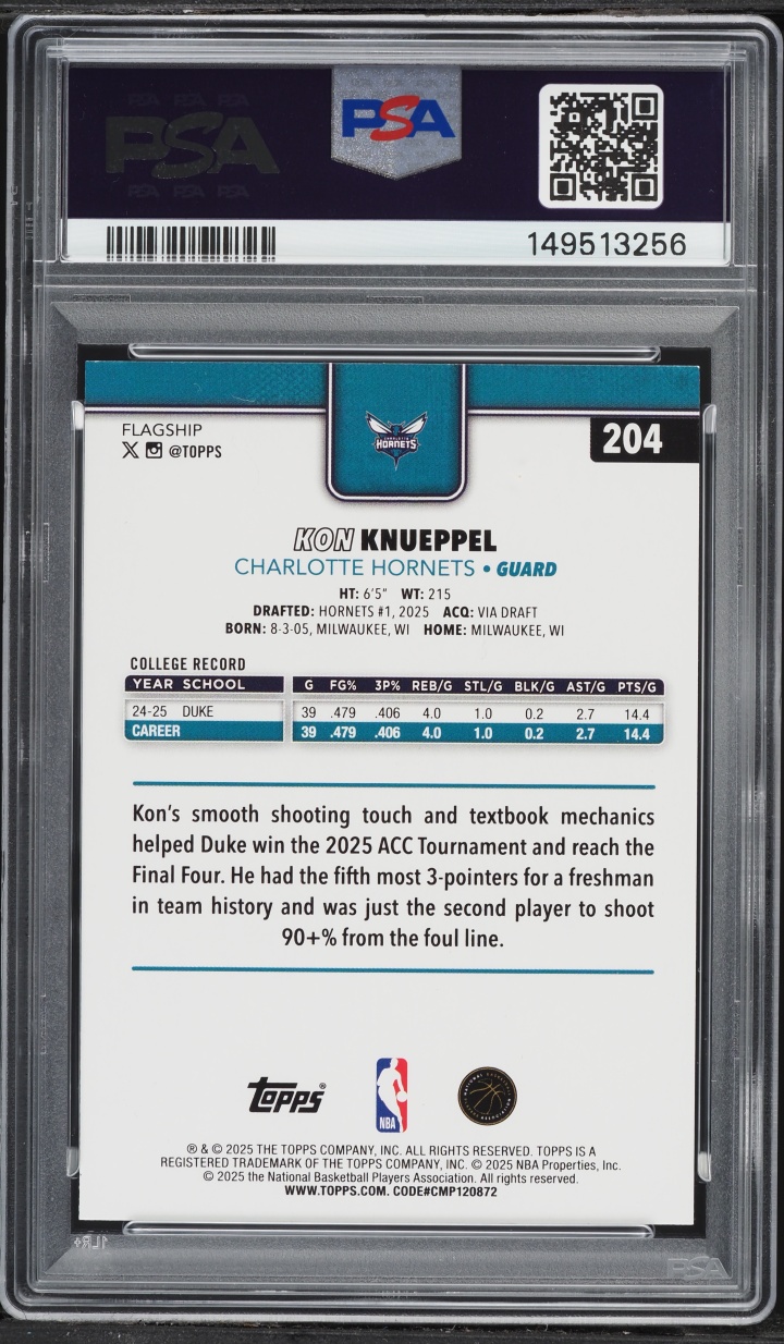 2025 Topps Rainbow Foilboard Kon Knueppel ROOKIE #204 PSA 9 MINT