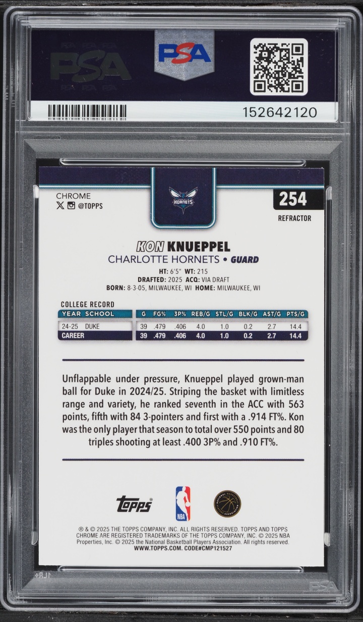2025 Topps Chrome Refractor Kon Knueppel ROOKIE #254 PSA 9 MINT