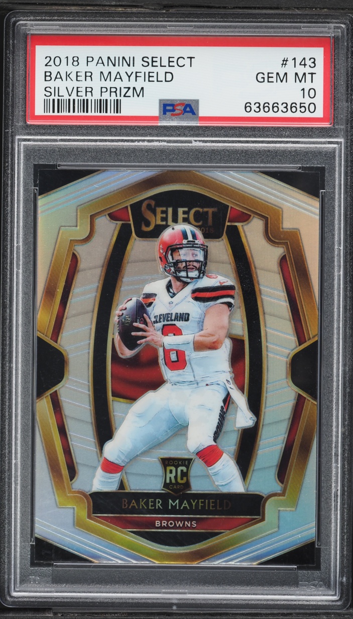 2018 Select Premier Level Silver Prizm Baker Mayfield ROOKIE #143 PSA 10 GEM MINT